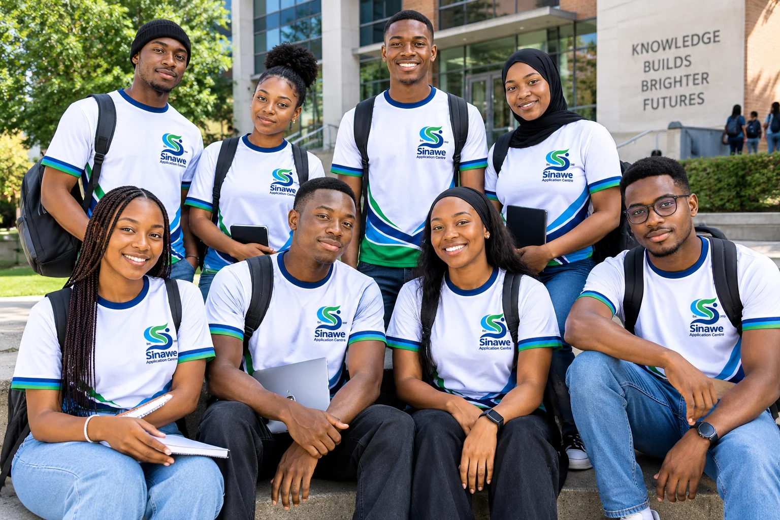 Learners and adults in school uniforms and Sinawe shirts gathered near a school.